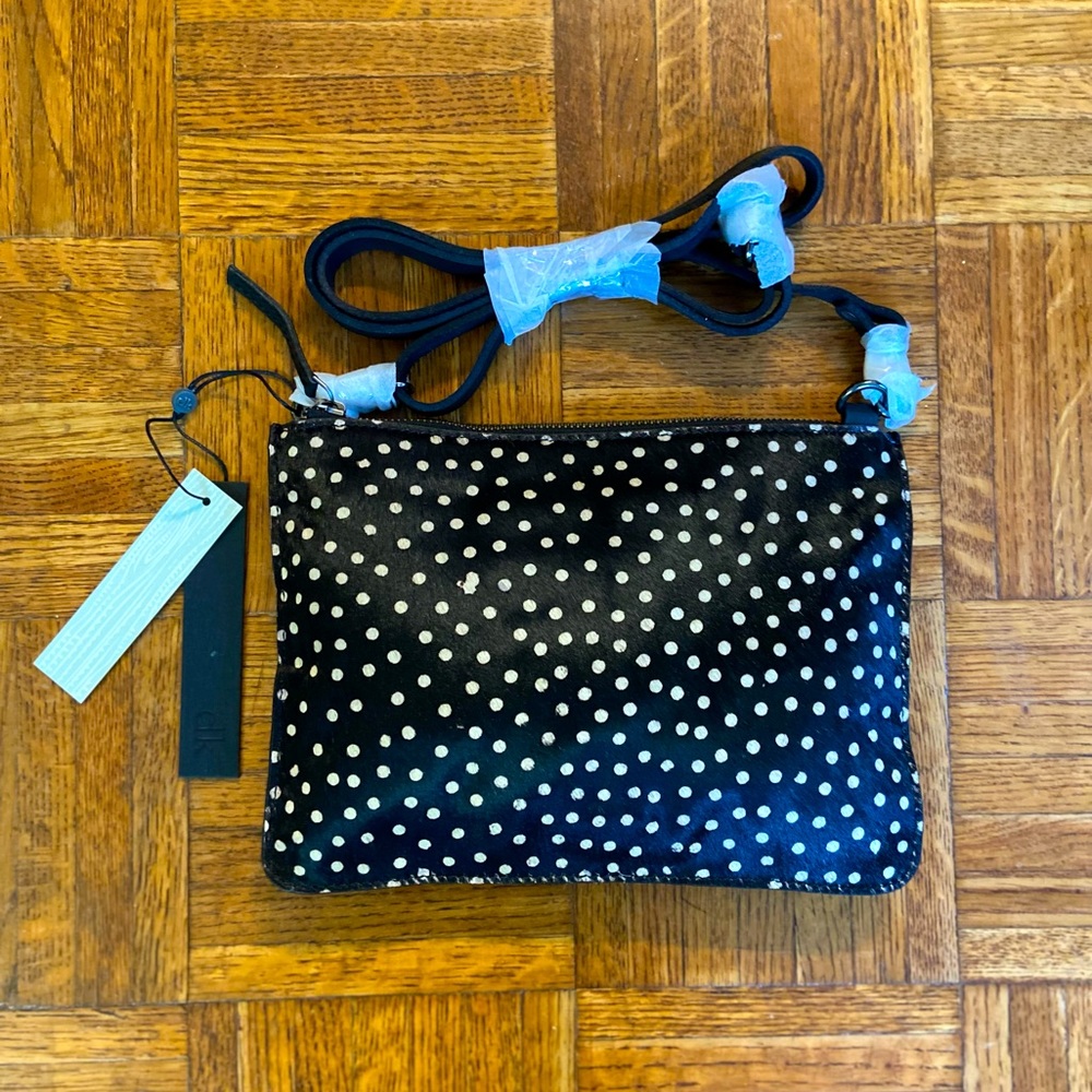 Black animal print polka dot leather fur crossbody clutch